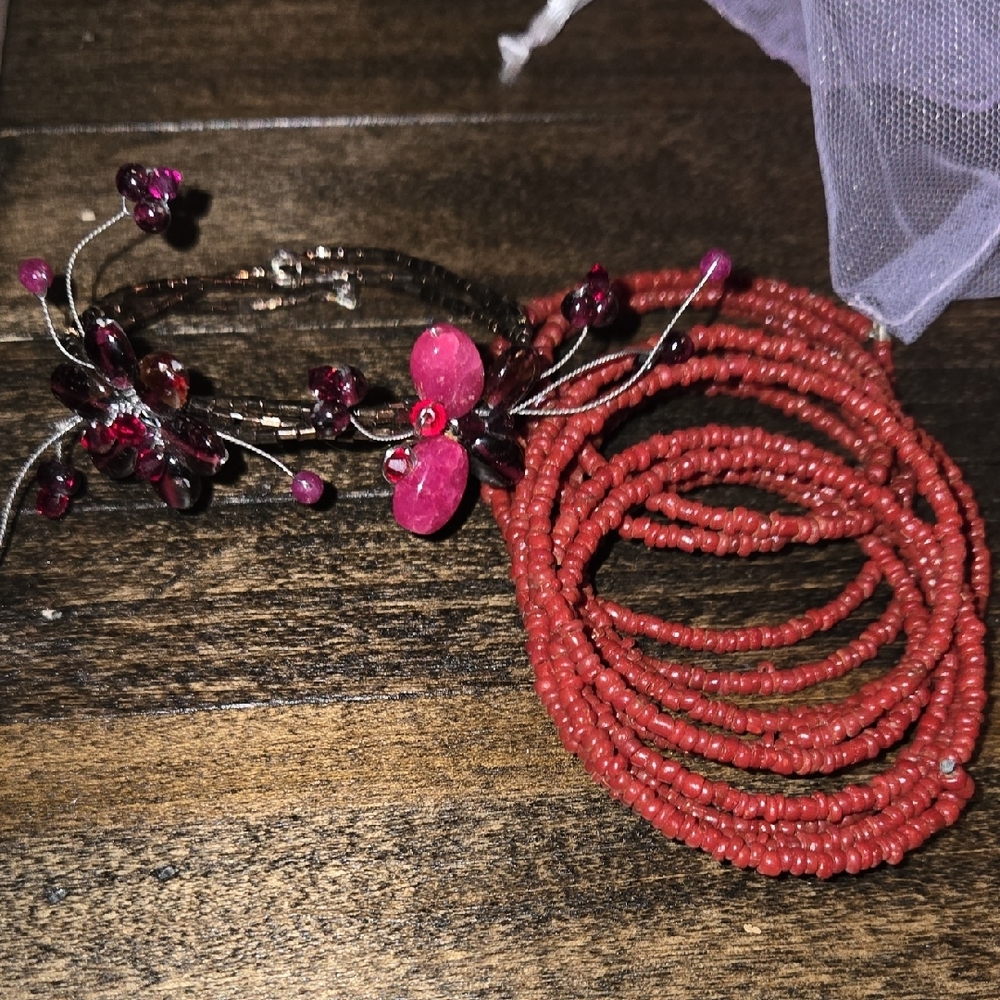 Red and Pink Beaded Bracelet Set